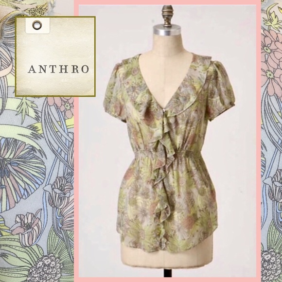 Anthropologie Tops - Sheer Silk Floral Ruffled Blouse Tunic Top Odille